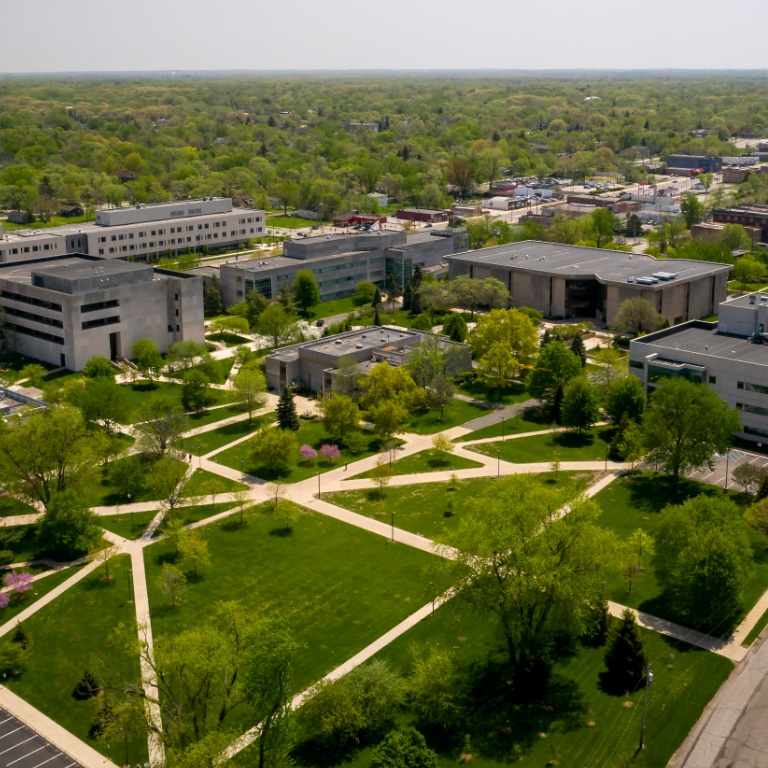 Aerial photo of a college campus during the day. 