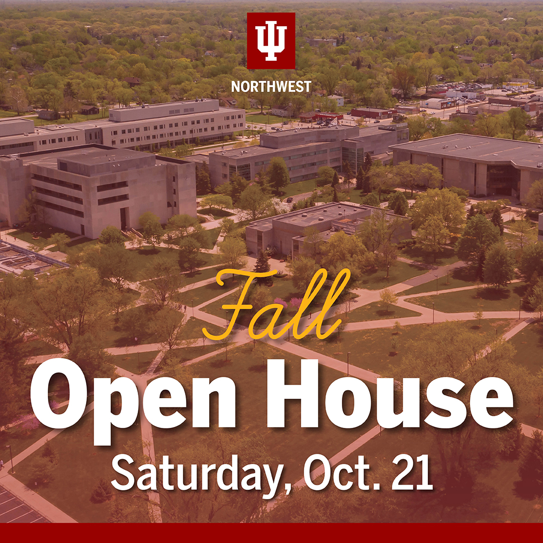 A graphic that says Fall Open House with a background of a college campus.