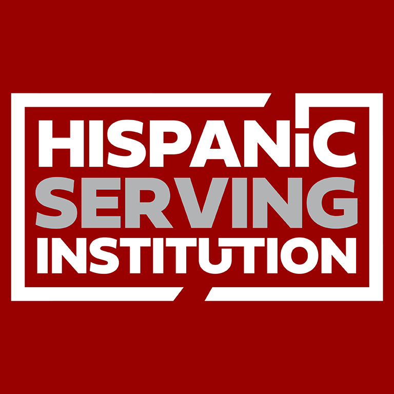 A red square with white lettering that says Hispanic Serving Institution.