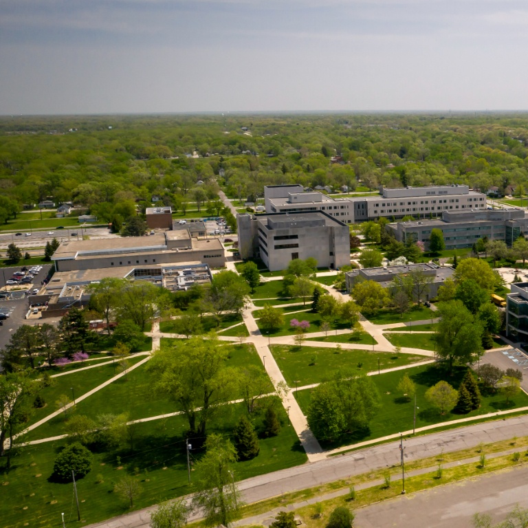 An aerial view of a college campus during the day.