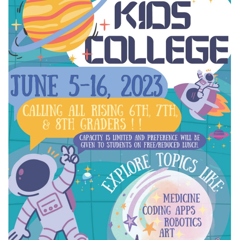 A graphic flyer promoting Kids College.
