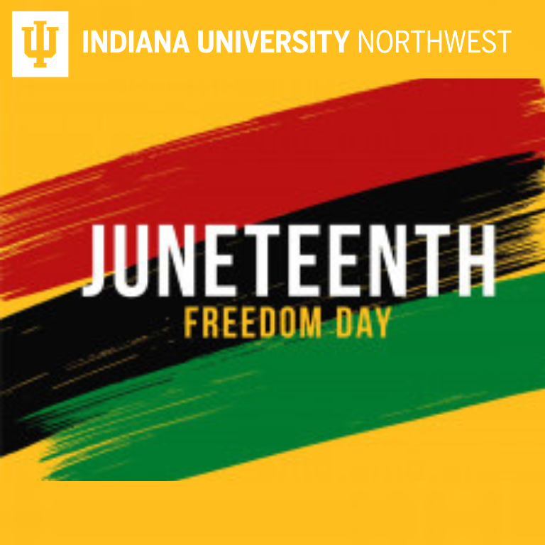 A yellow, red, black and green graphic that says Juneteenth Freedom Day.