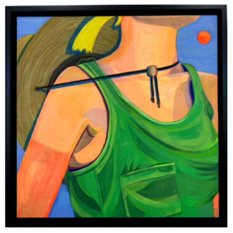 A painting of the torso of a woman in a green tank top shirt.