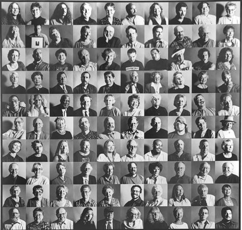 Black-and-white collage of professional headshots of people.