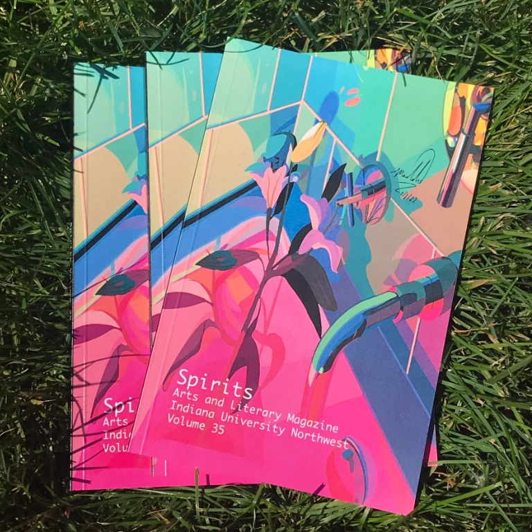 A colorful cover of a magazine laying on top of grass.