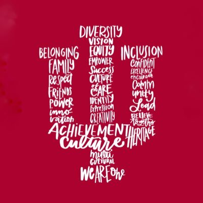 A trident graphic made up of different words.